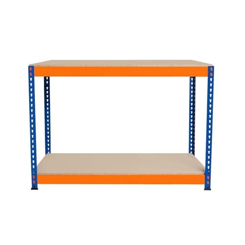 Image of Garage Workbench S-Rax 2 Shelf 120cm x 45cm x 90cm Workstation Heavy Duty Steel Chipboard 300kg Capacity Per Shelf Adjustable Layout Boltless Assembly Rubber Feet Reinforced Support Bar Warehouse