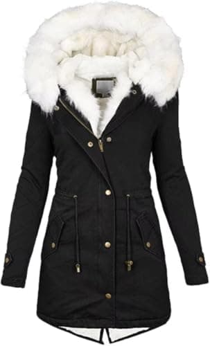 Image of KaloryWee Summer Winter Coats Women Warm Faux Fur Lining Hooded Coat Ladies Plus Size Thicken Jackets Mid-Long Outwear (UK, Alpha, XXL, Regular, Regular, White)