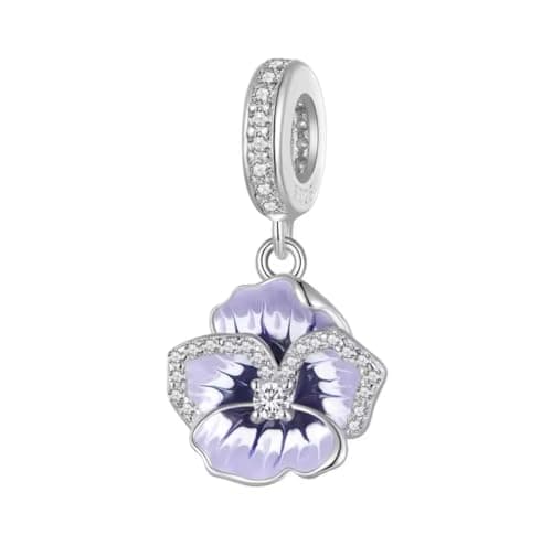 Image of Purple Pansy Flower Dangle Charm Genuine 925 Sterling Silver Compatible With Pandora Bracelet