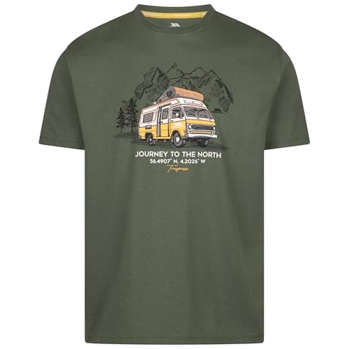 Image of Trespass Men's Casual T-Shirt Tokso - Green, Modern Graphic Crew Neck Short Sleeve T-Shirt, 180gsm Cotton-Poly Blend, Relaxed Fit for Men