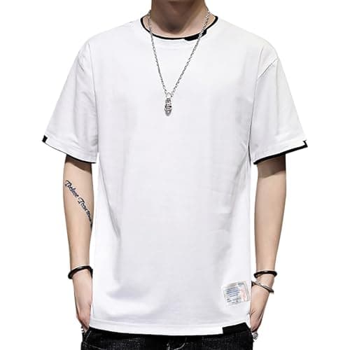 Image of KENAIJING Men's Short Sleeve T-Shirt Cotton Crewneck Patchwork Summer Casual Harajuku Sportswear (White, XXL)