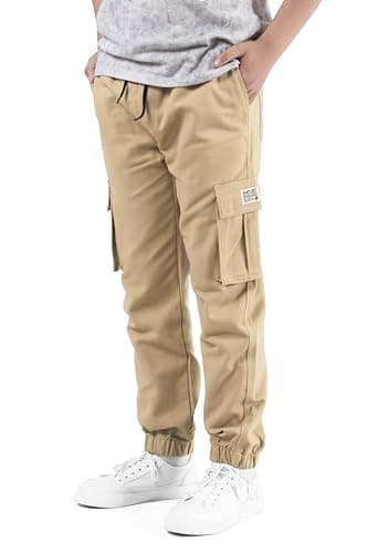 Image of NATUST Boys Cargo Trousers Kids Elastic Waist Joggers Multi Pockets Casual Pants Khaki 11-12 Years