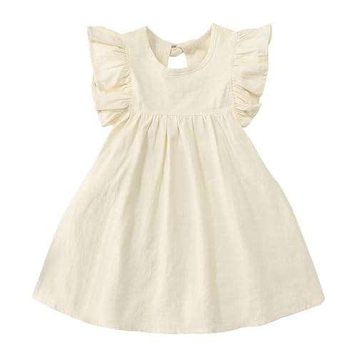 Image of Eqenkely Toddler Baby Girls Dress Cotton Linen Ruffle Sleeveless Casual Summer Party Dresses Sundress Beige 5-6 Years