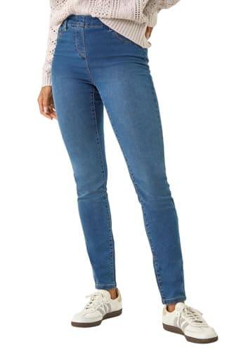 Image of Roman Originals Jeggings for Women UK Jean Ladies Stretchy Trousers Denim Leggings High Waist Rise Pull On Skinny Straight Leg Cotton Pants Smart Casual - Washed Blue (31 inch) - Size 14