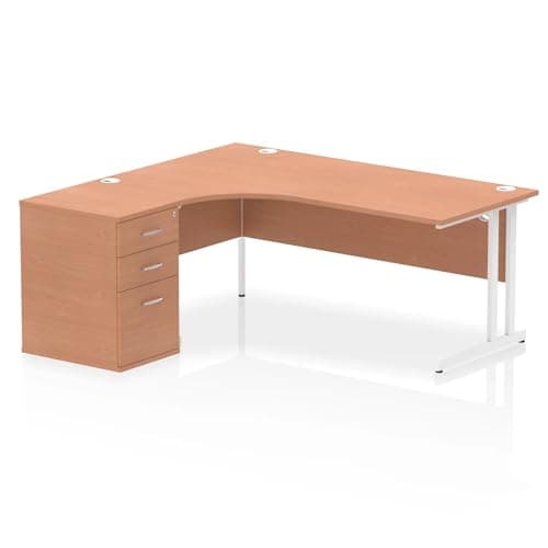 Image of Mr Office Impulse Left Crescent Desk, White Cantilever Leg Workstation - with 600mm pedestal, Beech, 1800