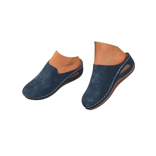 Image of Women's Comfort Suede Clogs Slip On Slides with Arch Support Closed Toe Soft Casual Wedge Non-Slip Shoes for Indoor and Outdoor Wear A Blue
