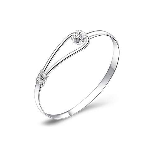 Image of Elegant Silver Bracelet With Floral Design Clip-On Button Charm - Classic Bangle Jewellery for Women Girls (925 Plated Silver)