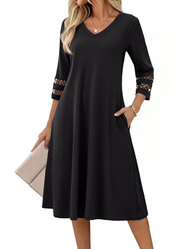 Image of Zeagoo Womens Summer Dresses 3/4 Sleeve Elegant Tunic Dress V-Neck Classic Midi Dress A Line Sundresses Black M
