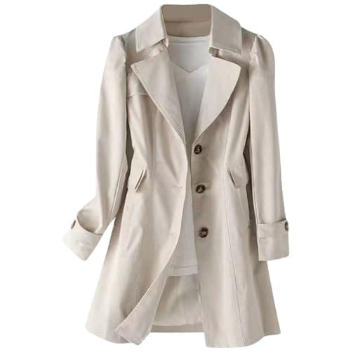 Image of Beige Women's Trench Coat - Water Repellent, Mid Long, Slim Fit, Notch Lapel, Button Front, with Pockets, Long Sleeve, Classic Jacket Windbreaker for Ladies Autumn Airport Going Out L