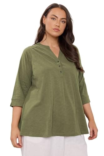 Image of EVANS Curve Green Pleat Front Henley Top - Women's - Plus Size Curve