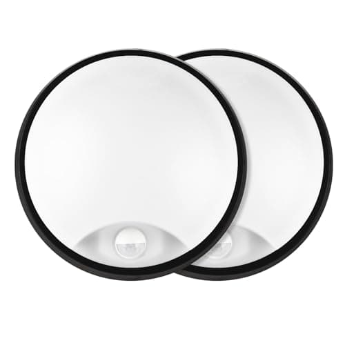 Image of 18W LED 4000K IP65 Flush Wall Ceiling Mounted Round Bulkhead Light Fitting with Motion Sensor PIR for Indoor, Outdoor, Bath, Office, Hallway, Corridor, Utility, Shed, Workshop, Black - Pack of 2