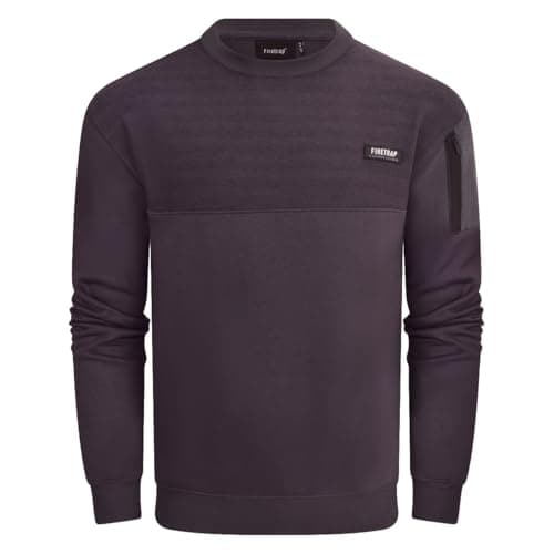 Image of Firetrap Mens Designer Cotton Crew Neck Classic Logo Knitted Sweatshirt Jumper Smart Casual Fleece Sweat Top with Zip Arm Pocket Charcoal XL