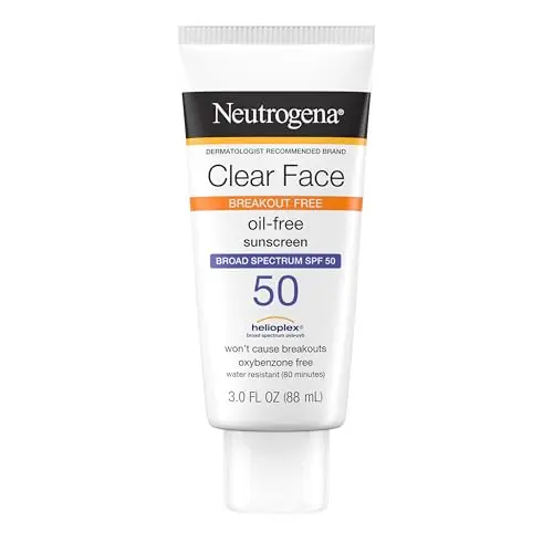 Image of Neutrogena Clear Face Liquid Lotion Sunscreen for Acne-Prone Skin, Broad Spectrum SPF 50 UVA/UVB Protection, Fragrance & Oxybenzone Free Facial, Non-Comedogenic, Unscented, 3 Fl Oz