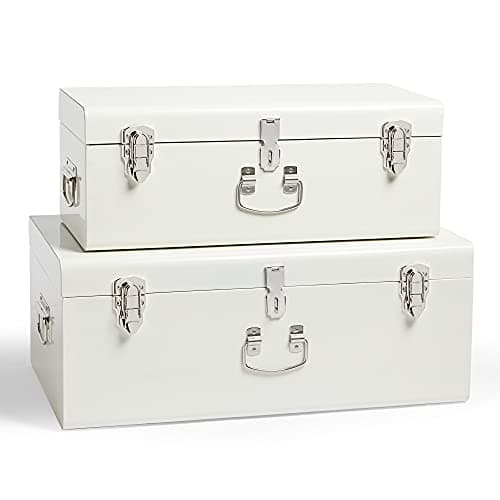Image of Beautify Storage Trunks, Set of 2 Cream Stainless Steel Storage Chests w/Silver Detailing, Stackable Bedroom Organisers w/Lockable Lids, Sturdy Multi-Purpose Bedding, Blanket & Toy Box