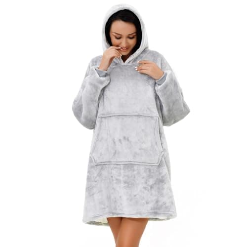 Image of Sherpa Adult Hoodie Silver Blankets, Velvet Touch Fabric With Ultra Soft Sherpa Fleece lining, Oversized Soft And Cosy