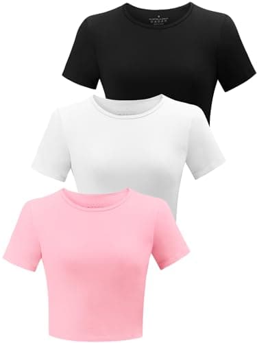 Image of BryticFlow 3 Pack Workout Crop Tops for Women Cotton T-Shirts Short Sleeve Cropped Fitted Tops Basic Cute Tees Casual Crew Neck Summer Tshirts Yoga Gym Clothes Black/White/Pink XL