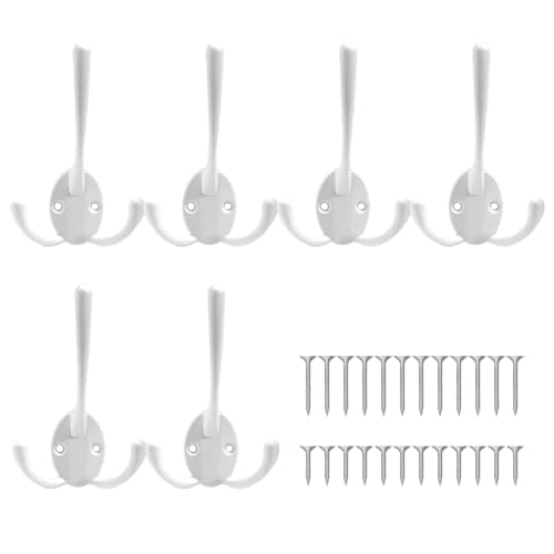 Image of ONEBO 6 Pcs Three Prong Robe Hooks,Three Prong Coat Door Hooks with 24 PCS Screws,Zinc Alloy Wall Mounted Hook,for Hanging Hat Tie Clothes Towel Hanger,for Bedroom Bathroom Kitchen(White)