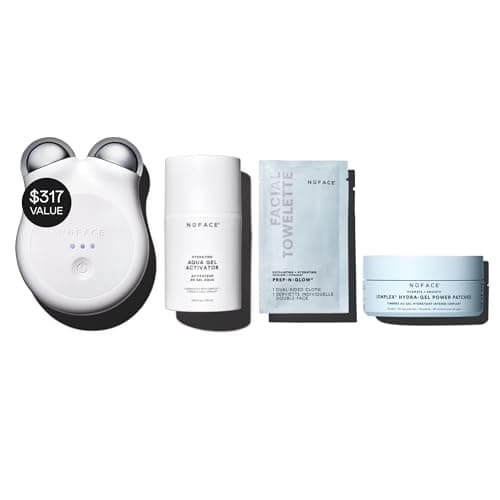Image of NuFACE MINI+ Microcurrent Facial Device Ultimate Uplift Holiday Kit - Brilliant White Face Sculpting & Contouring Device with Aqua Gel, Power Patches, Prep-N-Glow Skin Care Wipes & Luxe Gift Box