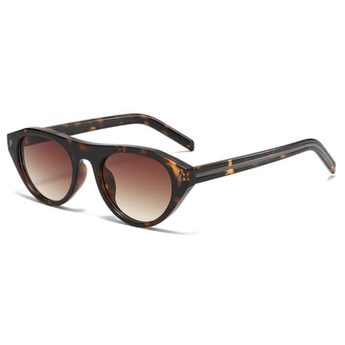 Image of Long Keeper Oval Cat Eye Sunglasses for Women Ladies Trendy Small Round Sunglasses Retro Vintage Cateye Shades with UV Protection for Travel Driving Daily (Leopard Frame - Gradient Brown Lens)