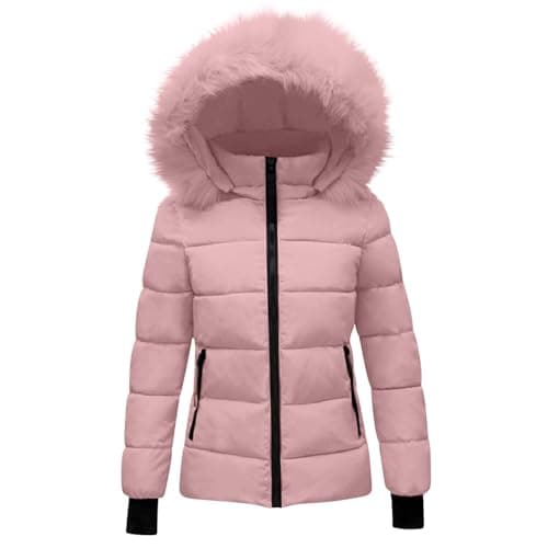 Image of duxyoz Winter Coats for Girls UK - Hooded,Warm,Padded,Quilted,Lightweight,Casual Fitted Overcome Puffer Jacket with Faux Fur Hood Pink 13-14 Years