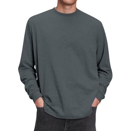 Image of Long Sleeve T Shirt Mens Cotton Loose Fit Plain Crew Neck Tshirt Breathable Cool Workout Running Basic Pullover Tee Clothes, Grey, 5XL