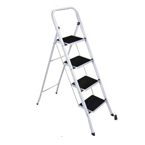 Image of Foldable 4 Step Steel Ladder - Non Slip Tread Stepladder Safety Kitchen, Home, Industrial DIY | Steel Construction Strong & Durable, Long Lasting, Fold Space Saving