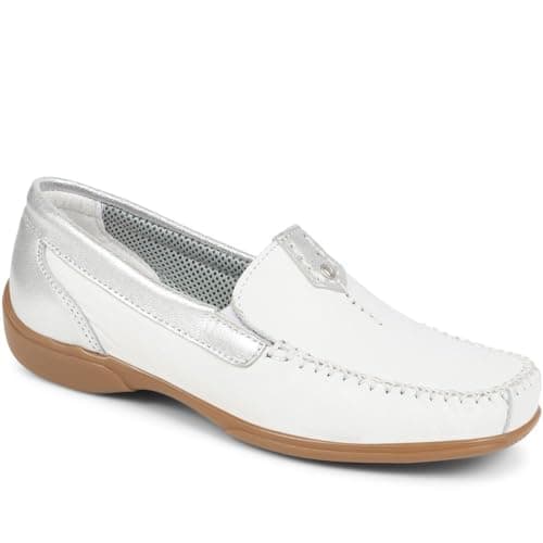 Image of Pavers Women's Moccasins in White-Silver Leather - Loafers with Timeless Design and Contrast Stitching - Stylish Ladies Footwear - Size UK 5 / EU 38