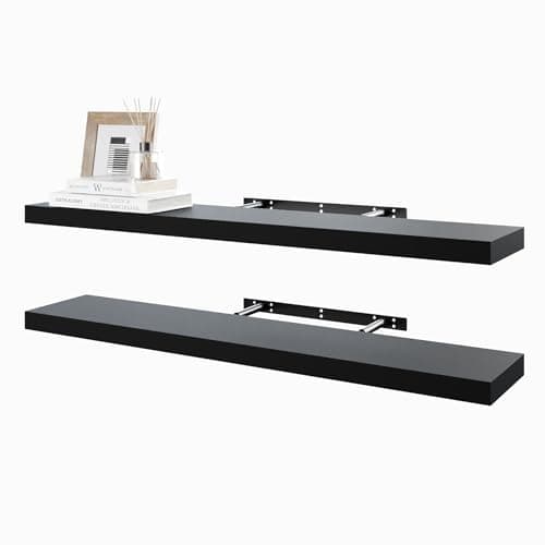 Image of BAMEOS Black Floating Shelves - 100cm - Wall Mounted Wooden Shelves with Invisible Brackets, Set of 2, Decorative Hanging Shelves for Bedroom, Bathroom, Living Room, Kitchen