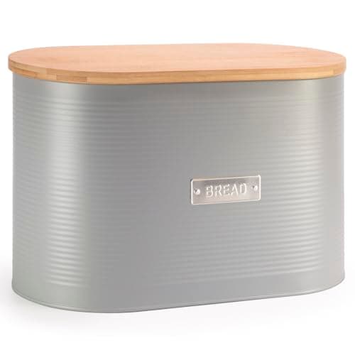 Image of EHC Space Saving Extra Large Bread Box Bin With Wood Lid For Kitchen Storage, Grey, 8 L, L 34 x W18 x H21cm