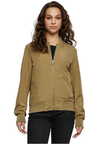 Image of URBAN CLASSICS Women's Light Bomber Jacket with Ribbed Cuffs, Lightweight Flight Jacket for Mid-Season Weather, Longsleeve Jacket with Zipper & Pockets, Colour: Khaki, Size: Medium