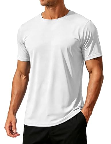 Image of SMENG White T Shirt Men Short Sleeve Round Neck Tee Tops Running Hiking Breathable Wicking Dry Fit Tshirt Mens White M