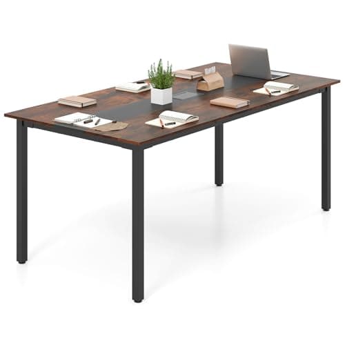 Image of COSTWAY 180 x 90cm/240 x 120cm Computer Desk, Wooden Conference Room Table Writing Workstation with Cable Grommet, Large Home Office Study Desk PC Laptop Table (Rustic Brown+Black, 180 x 90 x 75cm)