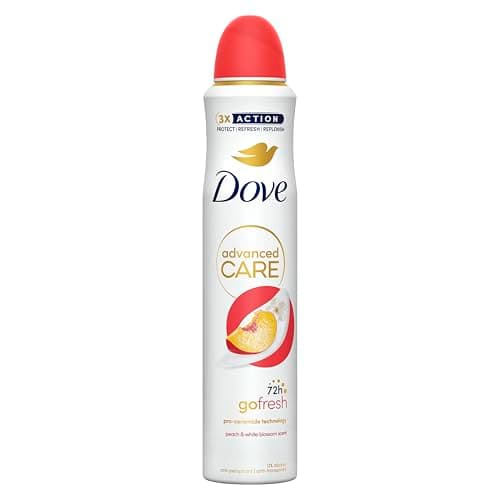 Image of Dove Advanced Care Go Fresh Peach & White Blossom Scent Anti-Perspirant Aerosol Women's Deodorant Spray with Pro-Ceramide technology for 72 hour protection against sweat and odour 6x 200 ml