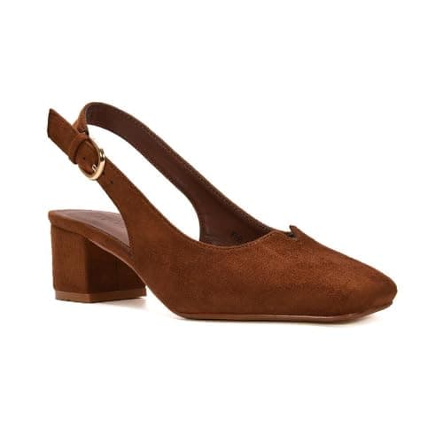 Image of ESSEX GLAM Women's Slingback Court Shoes Ladies Brown Faux Suede Square Toe Low Mid Block Heel Evening Classic Pumps Size 5