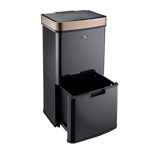 Image of Cooks Professional Recycling Sensor Bin 75L with Dual Compartments and Removable Food Caddy for Kitchen | Smart Automatic Brushed Stainless Steel Bins | Black/Copper