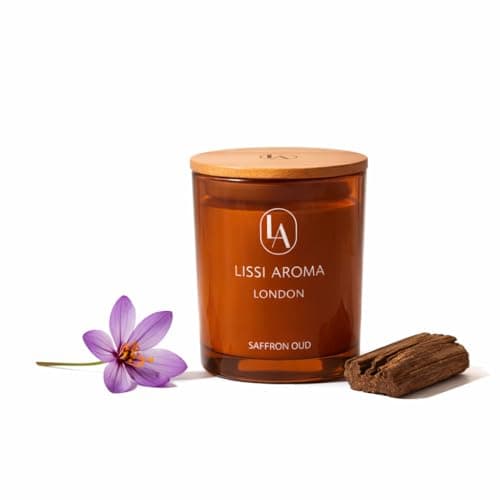 Image of Saffron Oud | Spicy Warm Candle | Luxury Scented Candle | Natural Soy Wax Candle | Mood Uplifting Candle | Amber Glass Jar | Wooden Lid | Large Candle | Gift for Him & Her | Lissi Aroma London