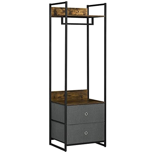 Image of HOMCOM Clothes Rail, Metal Coat Stand, Garment Rack with 2 Fabric Storage Drawers, Single Wardrobe for Bedroom, Hallway, Rustic Brown and Grey