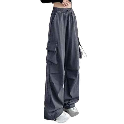 Image of Beokeuioe Baggy Parachute Pants with Pockets Teenager Girls Wide Leg Trousers Harajuku Streetwear Aesthetic Leisure Trousers Cargo Trousers Women's Y2k High Waist Jogging Bottoms Wide Trekking
