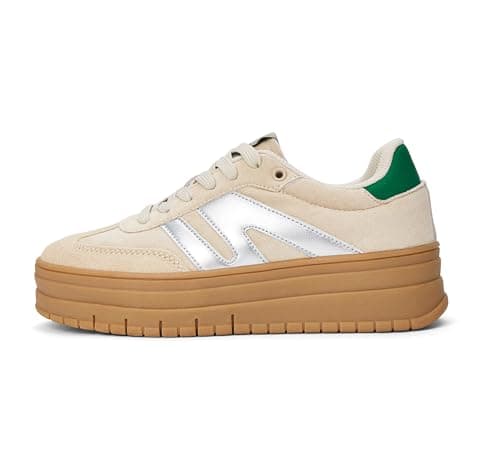 Image of LUCKY STEP Women's Platform Gum Thick Sole Fashion Sneakers Classic Retro Rubber Low Top Casual Tennis Skate Walking Shoes (Beige/Green, 8US-38EU-5UK)
