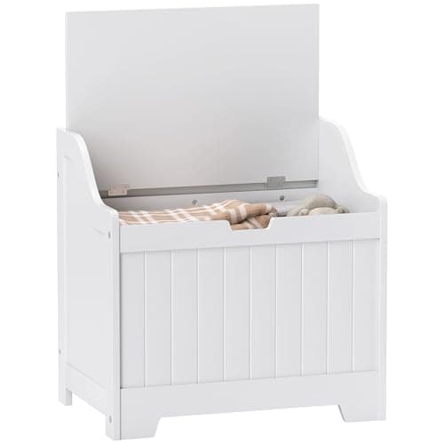 Image of HOMCOM Storage Chest, Storage Trunk with Safety Hinge and U-shaped Cut-out Pull, Wooden Storage Box for Living Room, Entryway, 56.5 x 38 x 56 cm, White