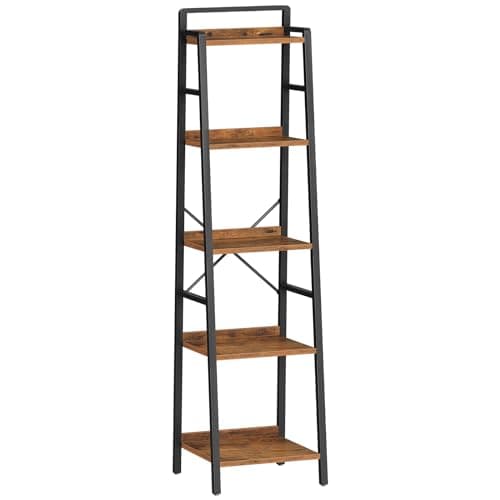 Image of HOOBRO Ladder Shelf, Tall Narrow Bookcase, 5-Tier Book Shelf with Metal Frame, Tall Storage Shelf, Industrial Storage Unit for Home Office, Living Room, Bedroom, Rustic Brown and Black EBF35SJ01