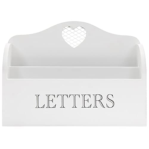 Image of Rustic White Letter Rack With Contrasting Grey Letters Wording and Cutout Heart Detail, Twin Compartment Decorative Mail Organiser (White)