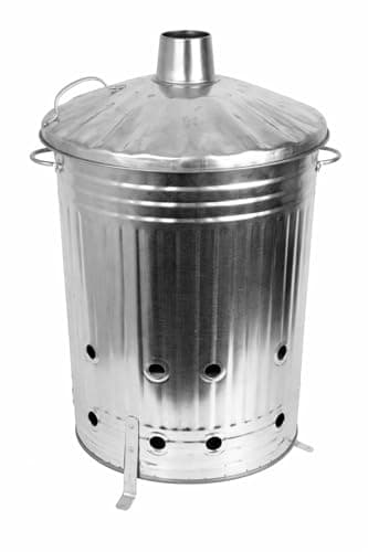 Image of 90L Large Galvanised Steel Garden Incinerator Bin with Lid – Heavy Duty Outdoor Burning Bin for Leaves, Paper & Waste – Metal Fire Bin with Air Holes & Handles