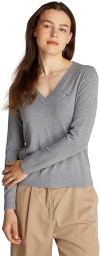 Image of Tommy Hilfiger Women's V-Neck Jersey Jumper, Grey (Mid Grey Heather), XXS