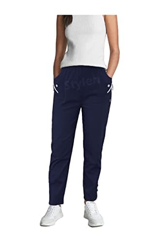 Image of URBAN STITCH Trouser for Women UK Navy Blue Casual Full Length Elasticated High Waist Pants with Stretch Light Weight Summer Straight fit Ladies Bottoms (24, Navy Blue)