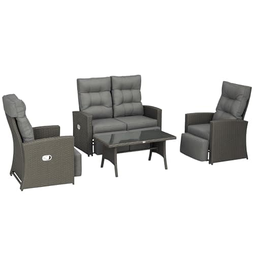 Image of Outsunny 4 Piece Rattan Garden Furniture Set with Adjustable Backrest, Wicker Outdoor Furniture Sofa Set with Loveseat, Reclining Armchairs, Thickened Cushions and Glass Top Table, Grey