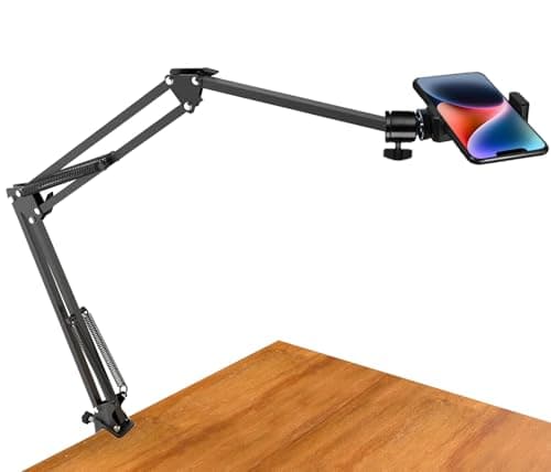 Image of Overhead Tripod Mount for Camera Webcam Ring Light, Long Over Head Articulating Arm with Phone Holder and Ball Head, Desktop Lazy Arm Clamp Phone Stand Accessory for Live Streaming,Video Recording