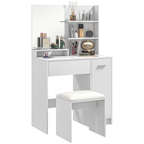 Image of HOMCOM Dressing Table with Mirror and Stool, Vanity Table, Modern Makeup Desk with Drawer, Storage Cabinet and Adjustable Shelf for Bedroom, White