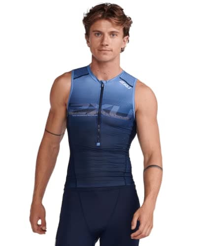 Image of 2XU Men's Aero Tri Singlet Sleeveless Tank top, Midnight/Turmeric, S