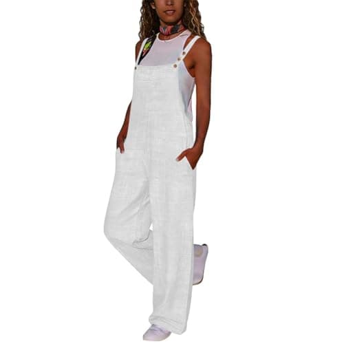 Image of HUIFUAO Linen Overalls for Women Sleeveless Wide Leg Jumpsuits Summer Lightweight Casual Dungarees Fashion Holiday Beach Vacation Playsuits Rompers with Pockets (White, M)